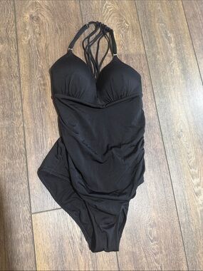 Athleta Black Strappy One-Piece vintage Hollywood style deep v